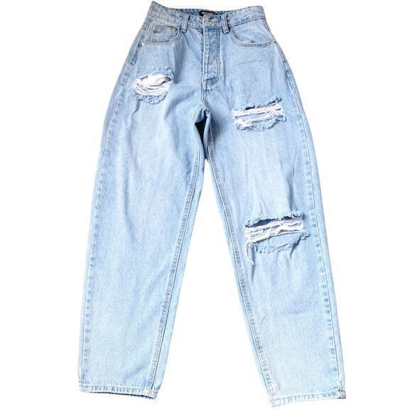 PrettyLittleThing - y2K Petite Distressed Balloon Button Fly Mom Jeans - Size 0 - Picture 1 of 5